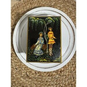 VTG Hand Painted Russian Black Lacquer Box Girl Boy Forest Ornate